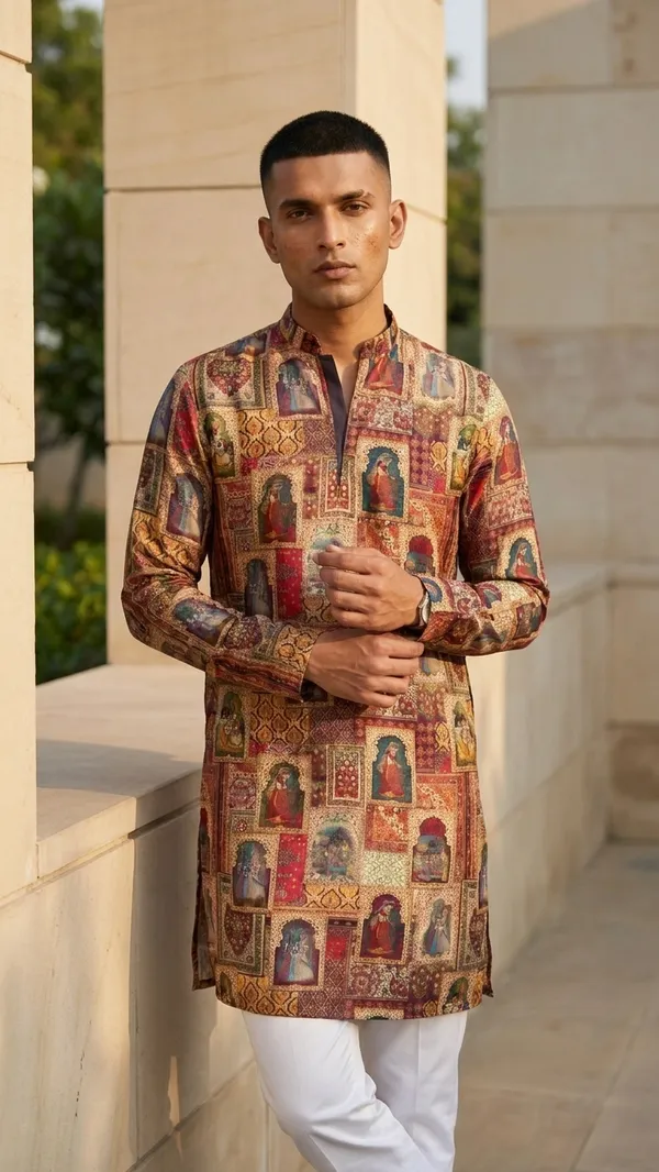 Multicolor_Printed_Straight_High_Neck_Long_Sleeve_Kurta_For_Men