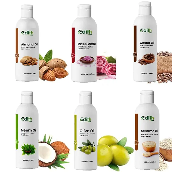 Pack_Of_6_Carrier_Oils_Face_Toner_100_ml_Each_Castor_Oil_Almond_Oil_Sesame_Oil_Neem_Oil_Olive_Oil_Rose_WaterCold_Pressed_For_Hair_Skin_And_Face_600ml