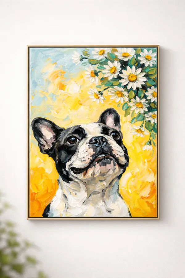 Happy_Bulldog_Under_Daisies_Canvas_Walnut