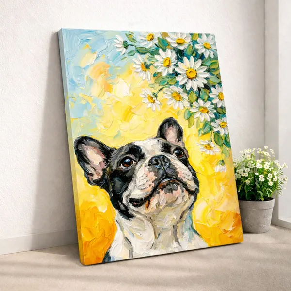Happy_Bulldog_Under_Daisies_Canvas_Walnut