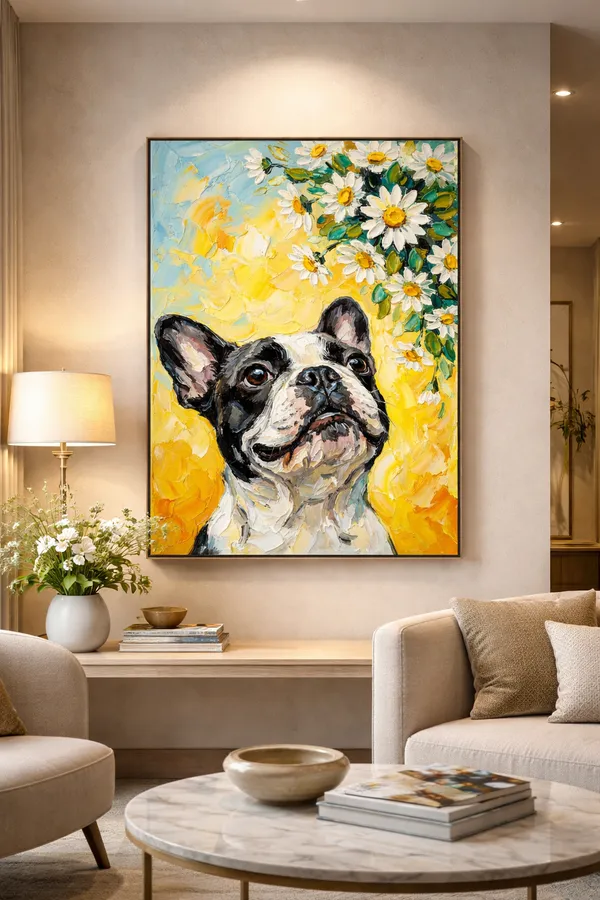 Happy_Bulldog_Under_Daisies_Canvas_Walnut