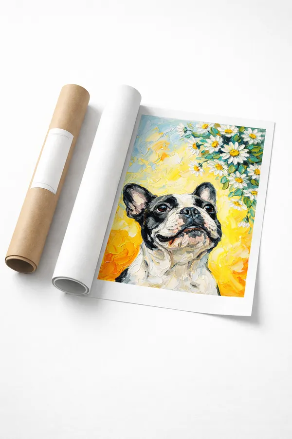 Happy_Bulldog_Under_Daisies_Canvas_Walnut