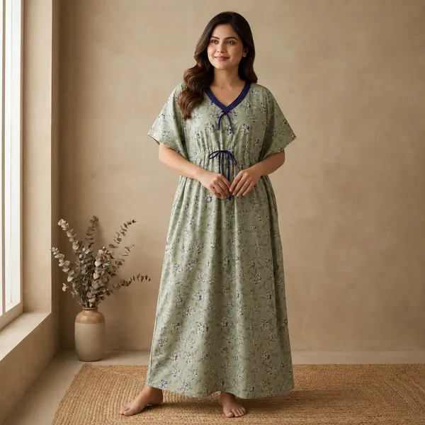 Grey_Floral_Print_Kaftan_Nightwear_For_Women