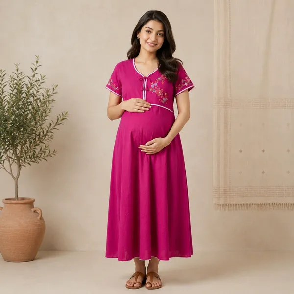 Pink_Embroidered_Maternity_Dress_For_Women