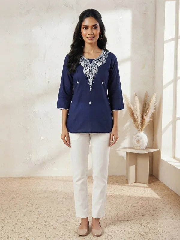 Navy_Silver_Bloom_Embroidered_Tunic_Top
