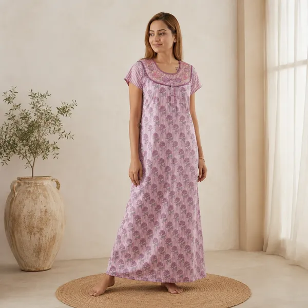 Pink_And_White_Floral_Print_Night_Dress_For_Women