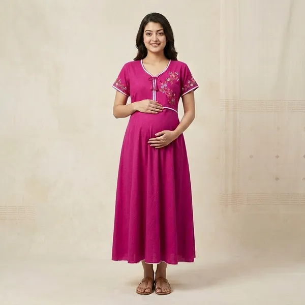 Pink_Embroidered_Maternity_Dress_For_Women