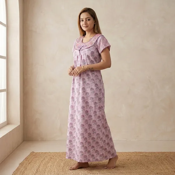 Pink_And_White_Floral_Print_Night_Dress_For_Women