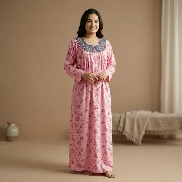 Pink_Floral_Print_Nightgown_For_Women