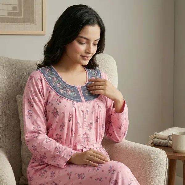 Pink_Floral_Print_Nightgown_For_Women