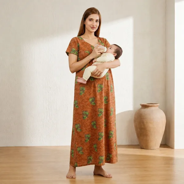 Camel_Brown_Floral_Print_Feeding_Nightgown_For_Women