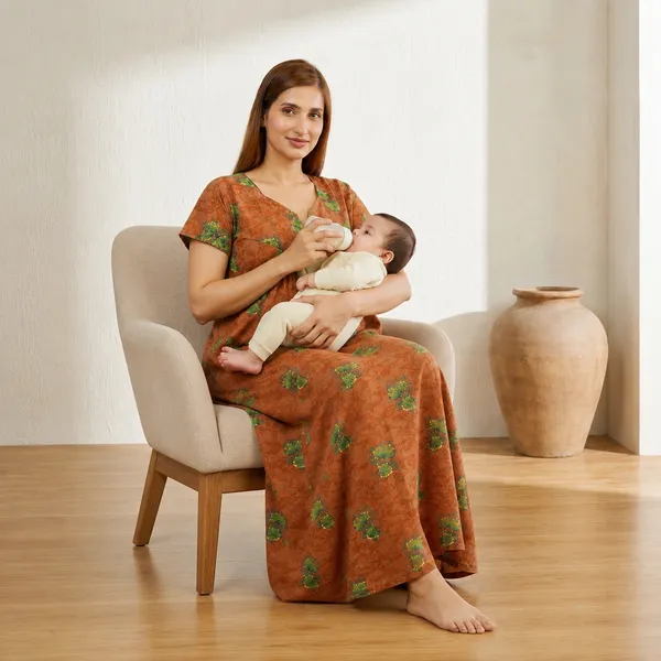 Camel_Brown_Floral_Print_Feeding_Nightgown_For_Women