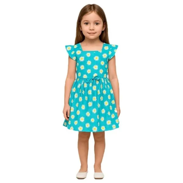 Blue_Daisy_Print_Fit_&_Flare_Dress_For_Girls_|_Soft_Cotton_Blend_Summer_Frock_With_Flutter_Sleeves_&_Bow_Detail_|_Casual_Kids_Outfit_(Blue)