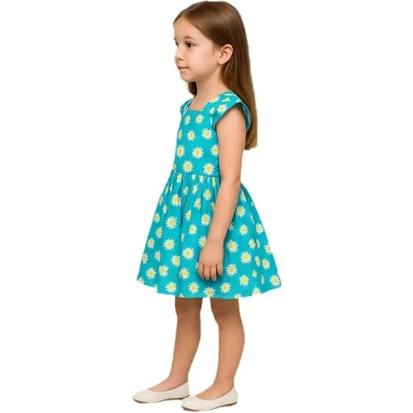 Blue_Daisy_Print_Fit_&_Flare_Dress_For_Girls_|_Soft_Cotton_Blend_Summer_Frock_With_Flutter_Sleeves_&_Bow_Detail_|_Casual_Kids_Outfit_(Blue)