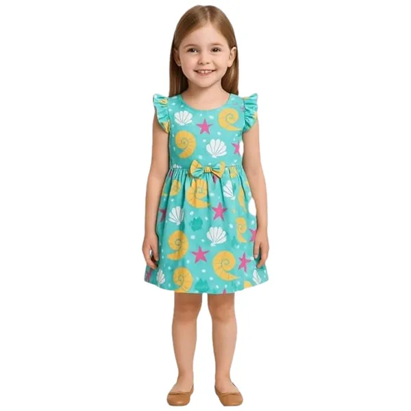 Sea_Shell_&_Starfish_Print_Fit_&_Flare_Dress_For_Girls_|_Soft_Cotton_Sleeveless_Summer_Frock_With_Bow_Detail_|_Casual_Beach_Wear_Outfit_(Multicolor)