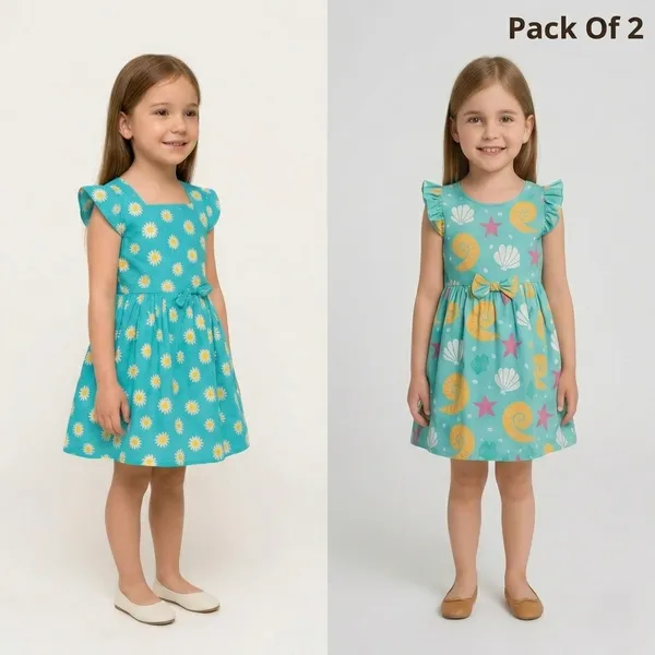 Multicolor_Cotton_(Daisy_,_Sea_Shell_&_Starfish)_Printed_Frock_Dress_(Pack_Of_2)