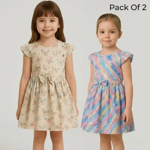 Multicolor_Cotton_(Butterfly_&_Rainbow)_Printed_Frock_Dress_(Pack_Of_2)