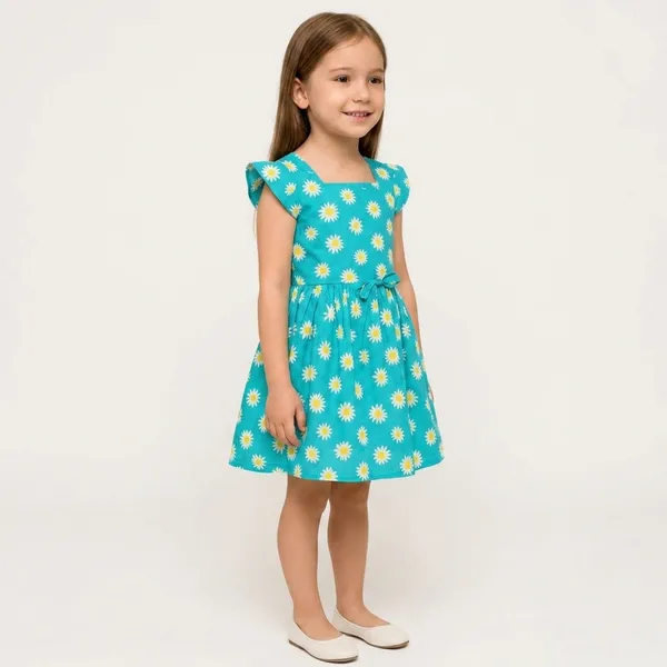 Blue_Daisy_Print_Fit_&_Flare_Dress_For_Girls_|_Soft_Cotton_Blend_Summer_Frock_With_Flutter_Sleeves_&_Bow_Detail_|_Casual_Kids_Outfit_(Blue)