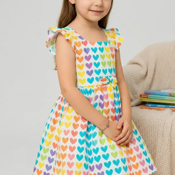Rainbow_Heart_Print_Cotton_Dress_For_Girls_|_Soft_Breathable_Fit_&_Flare_Casual_Party_Occasion_Frock_For_Kids_&_Toddlers_|_Stylish_Summer_Outfit_(Multicolor)