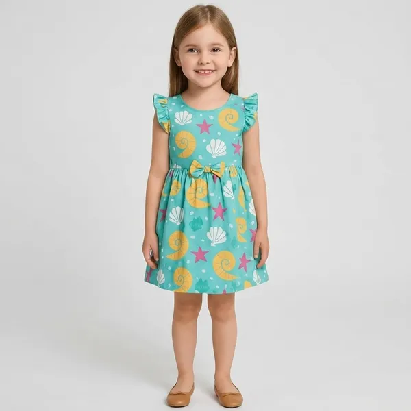 Sea_Shell_&_Starfish_Print_Fit_&_Flare_Dress_For_Girls_|_Soft_Cotton_Sleeveless_Summer_Frock_With_Bow_Detail_|_Casual_Beach_Wear_Outfit_(Multicolor)