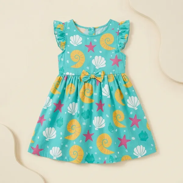 Sea_Shell_&_Starfish_Print_Fit_&_Flare_Dress_For_Girls_|_Soft_Cotton_Sleeveless_Summer_Frock_With_Bow_Detail_|_Casual_Beach_Wear_Outfit_(Multicolor)