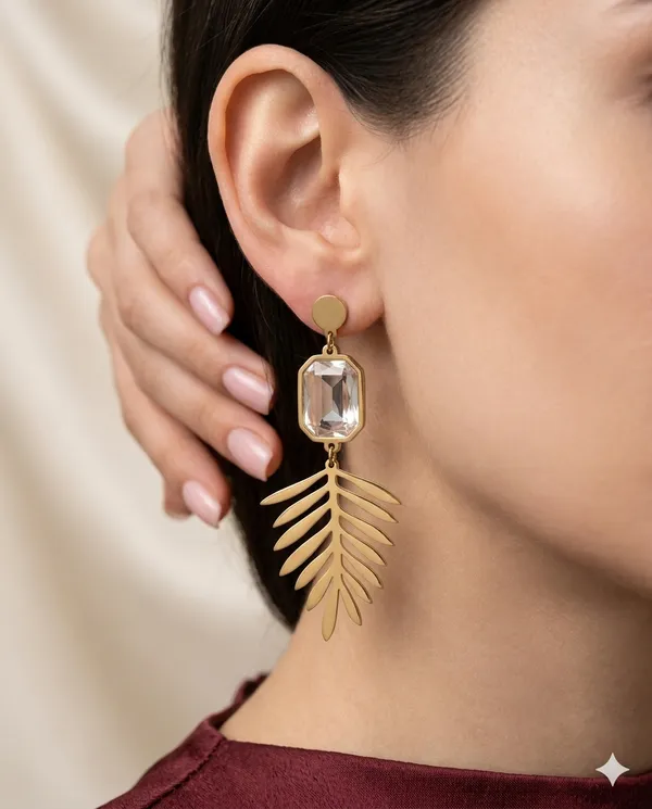 Gold_Finished_Clear_Stone_Palm_Leaf_Dangle_Earrings