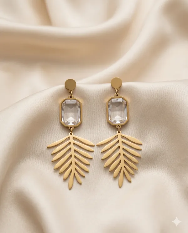 Gold_Finished_Clear_Stone_Palm_Leaf_Dangle_Earrings