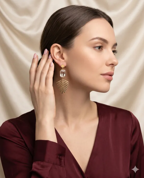 Gold_Finished_Clear_Stone_Palm_Leaf_Dangle_Earrings
