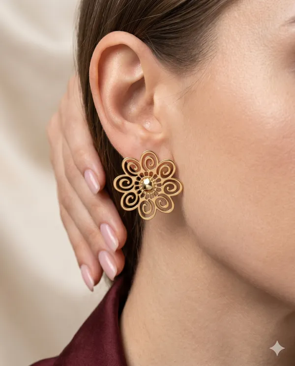 Gold_Finished_Floral_Swirl_Stud_Earrings_Minimalist