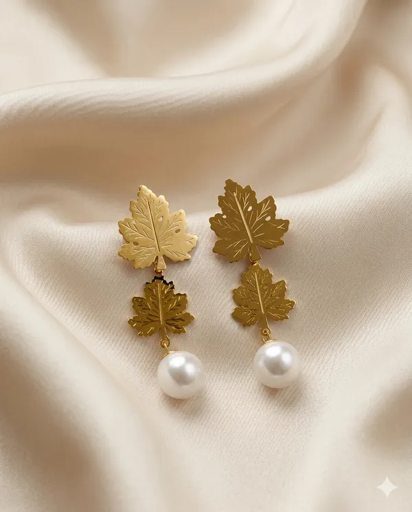 Gold_Finished_Maple_Leaf_Pearl_Earrings_for_Women