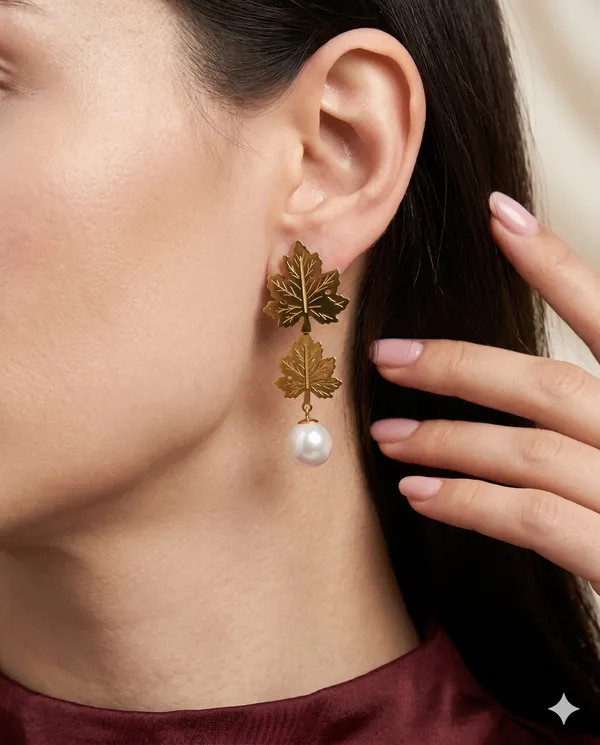 Gold_Finished_Maple_Leaf_Pearl_Earrings_for_Women