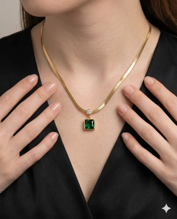 Premium_Flat_Herringbone_Choker_Square_Emerald_Pendant_Necklace_For_Women