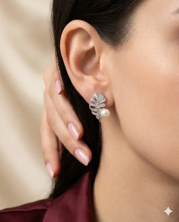 Silver_Finished_Pearl_Pave_Leaf_Stud_Earrings