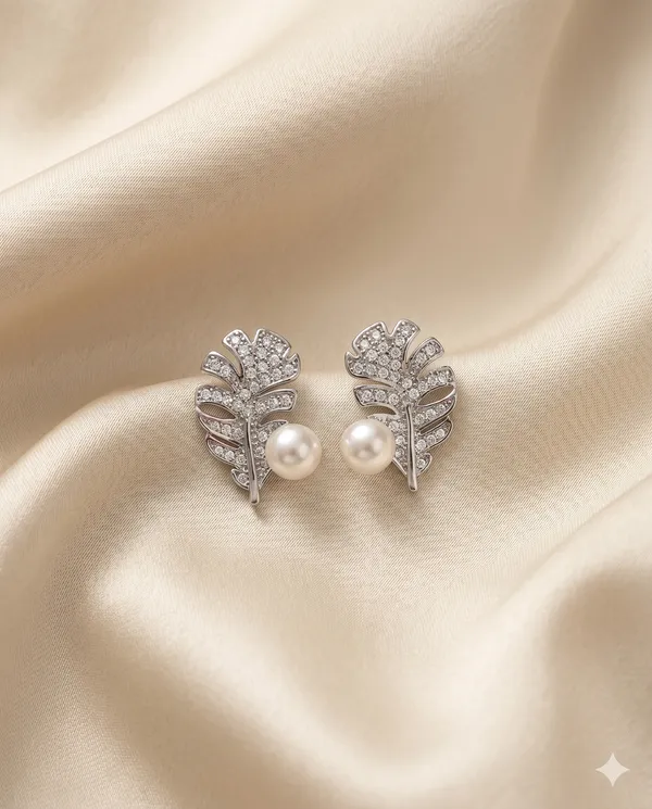Silver_Finished_Pearl_Pave_Leaf_Stud_Earrings
