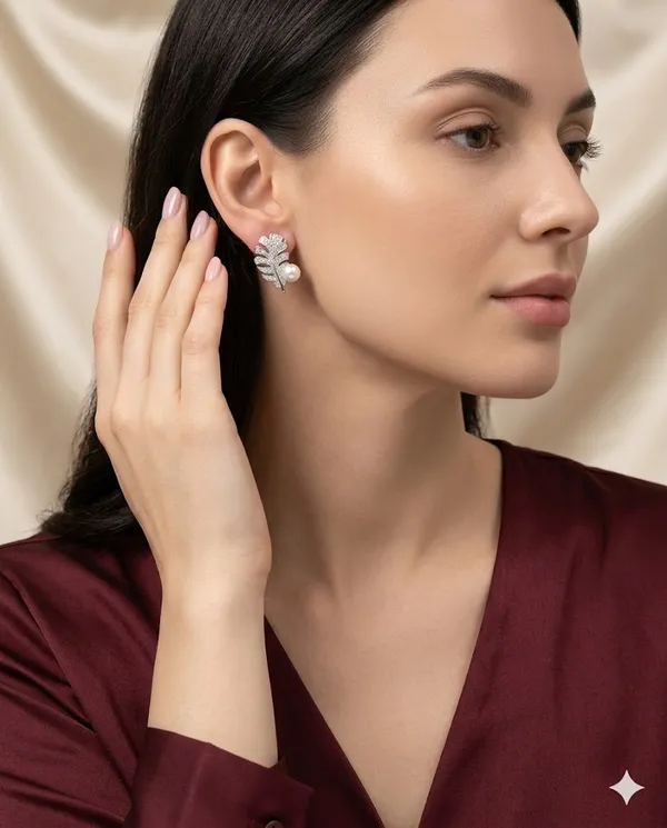 Silver_Finished_Pearl_Pave_Leaf_Stud_Earrings