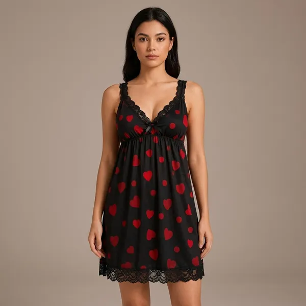 Black_Malai_Lace_Trim_Heart_Print_Nightwear_Dress_For_Women