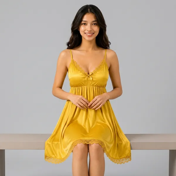 Yellow_Malai_Lace_Trim_Babydoll_Nightdress_For_Women