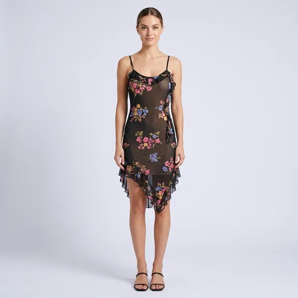 Black_Net_Floral_Print_Asymmetric_Hem_Slip_Dress_For_Women