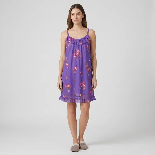 Purple_Floral_Print_Net_Sleeveless_Nightdress_For_Women