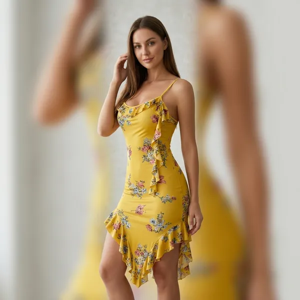 Yellow_Floral_Print_Net_Ruffle_Bodycon_Dress_For_Women