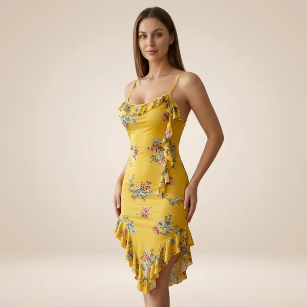 Yellow_Floral_Print_Net_Ruffle_Bodycon_Dress_For_Women
