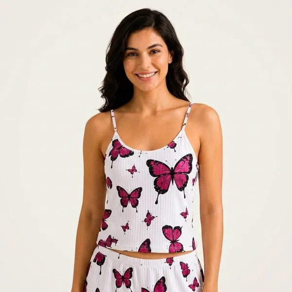White_Ribbed_Butterfly_Print_Cami_Top_Shorts_Sleepwear_Set_For_Women