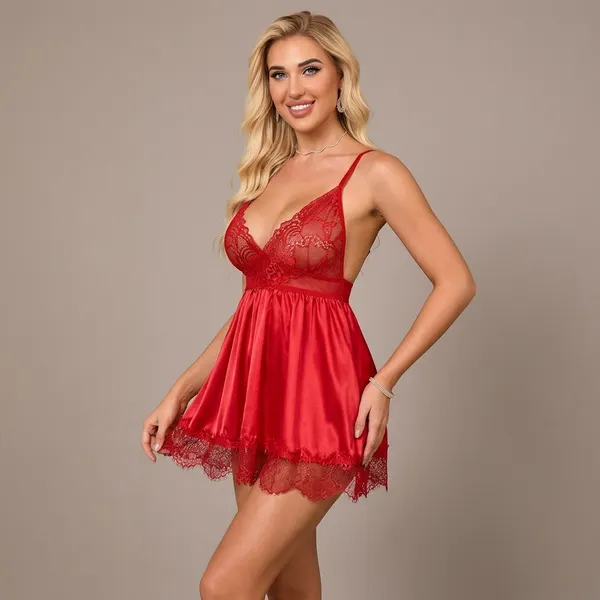 Red_Satin_Lace_Trim_Babydoll_Lingerie_Set_For_Women