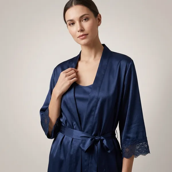 Navy_Blue_Satin_Floral_Lace_Trim_Short_Robe_For_Women