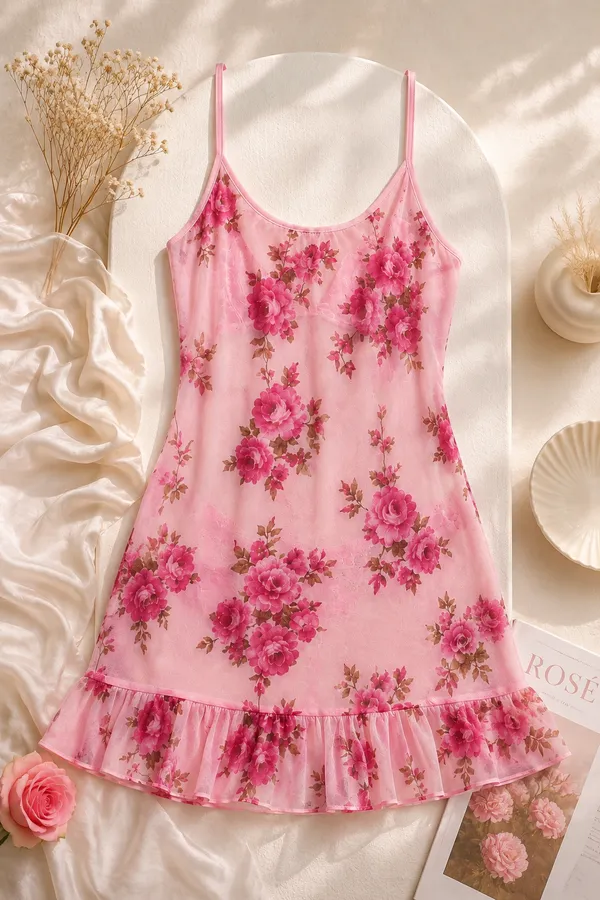 Transparent_Chiffon_Night_Dress_|_Floral_Print_Ruffle_Trim_V-Neck_Nightgown_|_Lightweight_Soft_Chemise_Sleepwear_For_Ladies_Comfort_And_Style