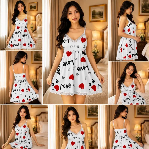 White_Heart_Print_Lace_Nightdress