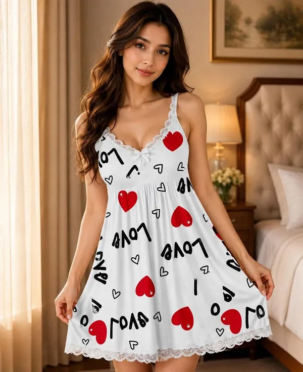 White_Heart_Print_Lace_Nightdress
