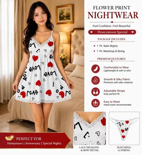 White_Heart_Print_Lace_Nightdress