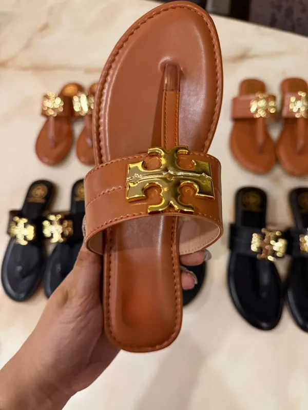 Tan_Leather_Gold_Buckle_Slide_Sandals_For_Women