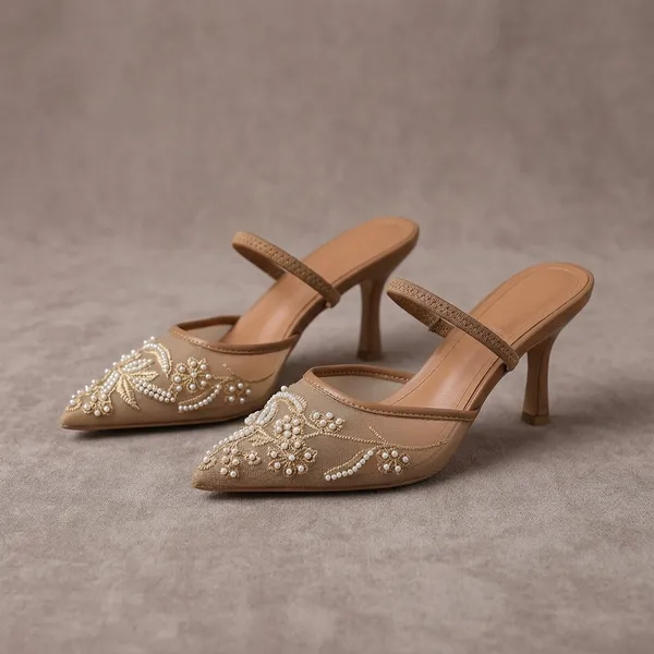 Beige_Mesh_Embellished_Pointed_Toe_Mule_Heels_For_Women